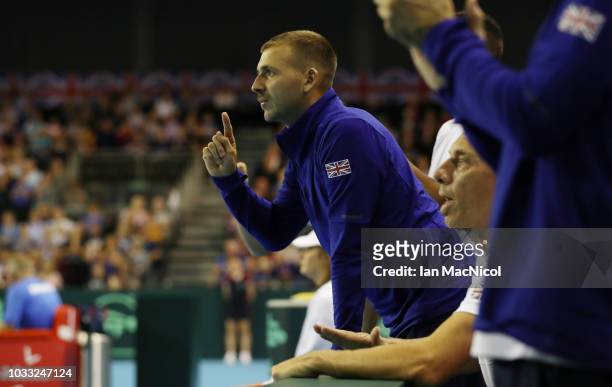 Dan Evans reacts during Cameron Norrie's match against Jurabek Karimov of Uzbekistan during day one of the Davis Cup by BNP Paribas World Group...
