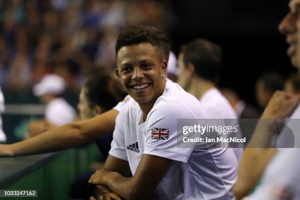 Jay Clarke reacts during Cameron Norrie's match against Jurabek Karimov of Uzbekistan during day one of the Davis Cup by BNP Paribas World Group...