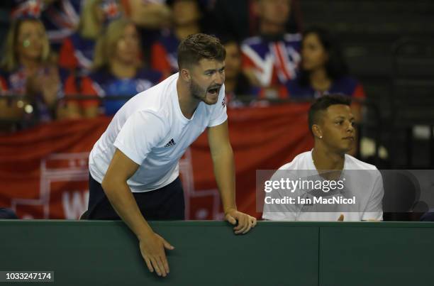 Jonny O'Mara reacts during Cameron Norrie's match against Jurabek Karimov of Uzbekistan during day one of the Davis Cup by BNP Paribas World Group...