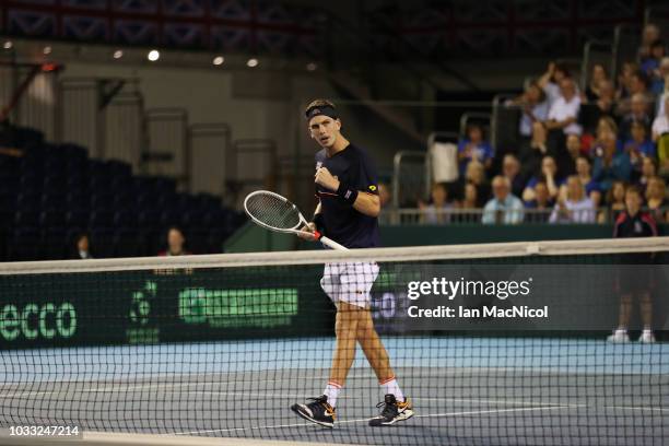 Cameron Norrie of Great Britain reacts in his match against Jurabek Karimov of Uzbekistan during day one of the Davis Cup by BNP Paribas World Group...