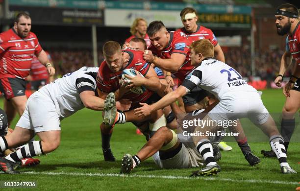 Gloucester captain Ed Slater goes over for the fourth Gloucester try during the Gallagher Premiership Rugby match between Gloucester Rugby and...