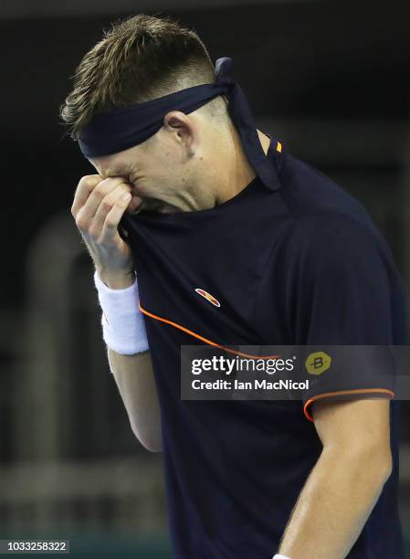 Cameron Norrie of Great Britain reacts after loosing his match against Jurabek Karimov of Uzbekistan during day one of the Davis Cup by BNP Paribas...