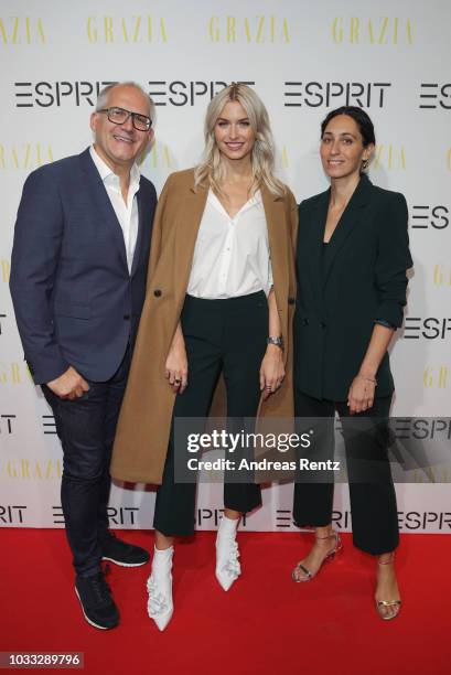 Head of Global Marketing Esprit Vincent Jeanniard, Lena Gercke and Miriam Amro attend #LenaForEsprit Collection Launch - Grazia x Esprit on September...