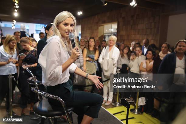 Lena Gercke speaks during the Style talk at the #LenaForEsprit Collection Launch - Grazia x Esprit on September 14, 2018 in Duesseldorf, Germany.