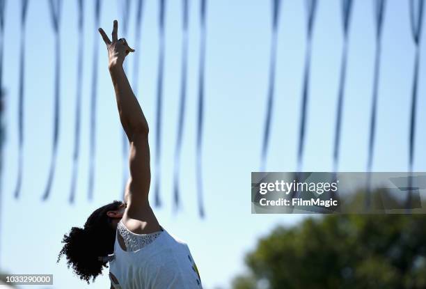 Festivalgoer attends Dead Set Yoga with Sunny Trails at The Break Room during day 1 of Grandoozy on September 14, 2018 in Denver, Colorado.