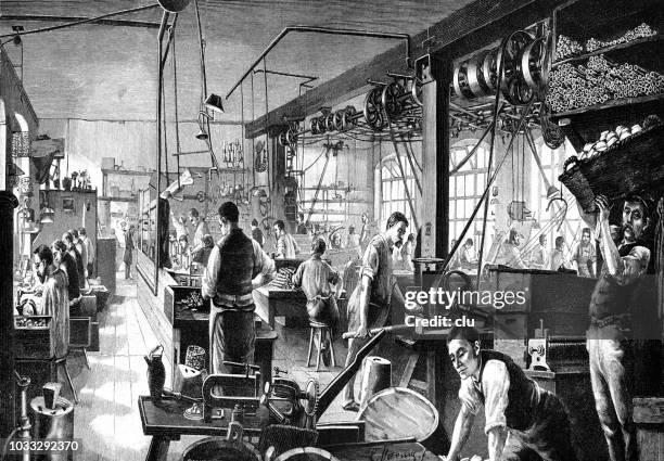manufacture of electric lamps - industrial revolution stock illustrations