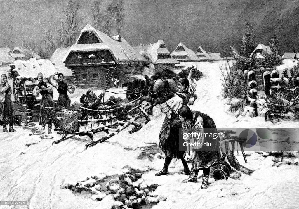 In the countryside: two groups of women engaged in a snowball fight
