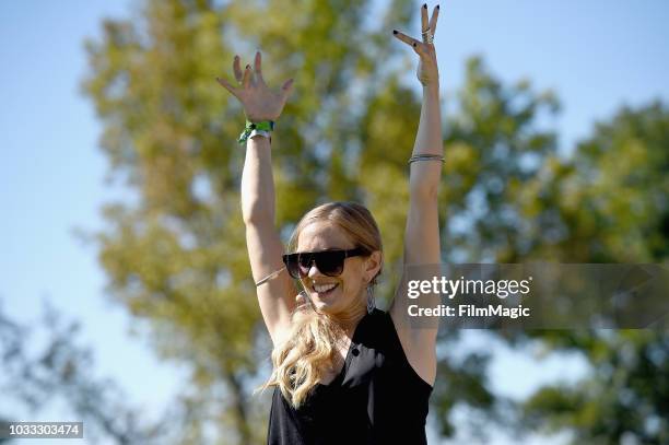 Festivalgoer attends Dead Set Yoga with Sunny Trails at The Break Room during day 1 of Grandoozy on September 14, 2018 in Denver, Colorado.