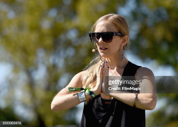 Festivalgoer attends Dead Set Yoga with Sunny Trails at The Break Room during day 1 of Grandoozy on September 14, 2018 in Denver, Colorado.