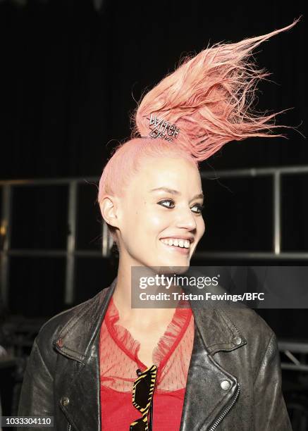 Georgia May Jagger backstage ahead of the Ashley Williams presentation during London Fashion Week September 2018 at the House of Vans on September...