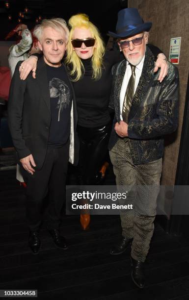 Nick Rhodes, Pam Hogg and Antony Price attend an after party celebrating the Pam Hogg catwalk show during London Fashion Week September 2018 at...