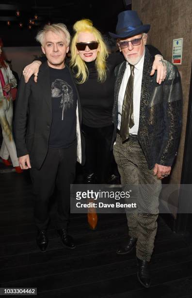 Nick Rhodes, Pam Hogg and Antony Price attend an after party celebrating the Pam Hogg catwalk show during London Fashion Week September 2018 at...