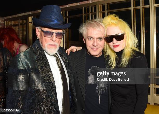 Antony Price, Nick Rhodes and Pam Hogg attend an after party celebrating the Pam Hogg catwalk show during London Fashion Week September 2018 at...