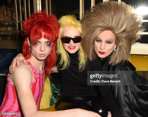 Josh Quinton, Pam Hogg and Xavier Arakistain attend an after party celebrating the Pam Hogg catwalk show during London Fashion Week September 2018 at...