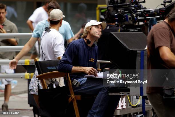Director Michael Bay observes the action during Transformers 3 filming on Wabash Avenue in Chicago, Illinois on July 31, 2010.