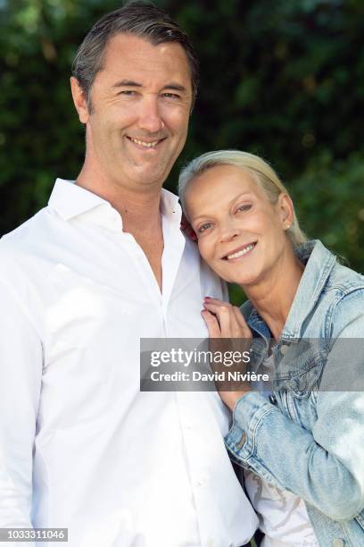 Princess Helene Of Yugoslavia and Stanislas Fougeron pose together in the family castle of Villeprevost On September 7, 2018 in Tillay-le-Peneux,...