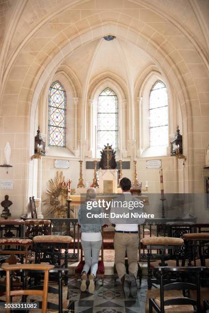 Princess Helene Of Yugoslavia and Stanislas Fougeron pose together in the family castle of Villeprevost On September 7, 2018 in Tillay-le-Peneux,...