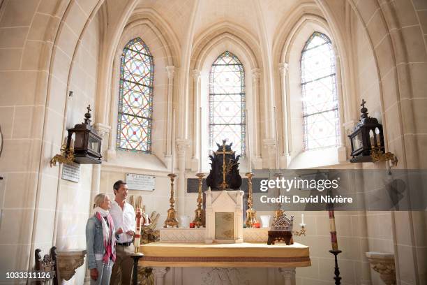 Princess Helene Of Yugoslavia and Stanislas Fougeron pose together in the family castle of Villeprevost On September 7, 2018 in Tillay-le-Peneux,...