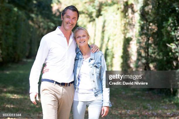 Princess Helene Of Yugoslavia and Stanislas Fougeron pose together in the family castle of Villeprevost On September 7, 2018 in Tillay-le-Peneux,...