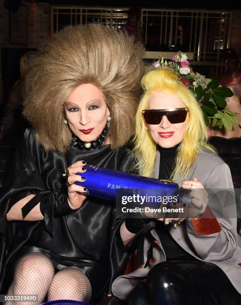 Xavier Arakistain and Pam Hogg attend an after party celebrating the Pam Hogg catwalk show during London Fashion Week September 2018 at Kadie's on...