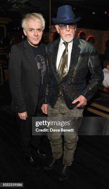 Nick Rhodes and Antony Price attend an after party celebrating the Pam Hogg catwalk show during London Fashion Week September 2018 at Kadie's on...