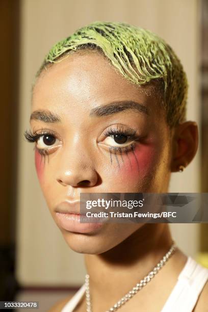 Model backstage ahead of the Pam Hogg Show during London Fashion Week September 2018 at Freemasons Hall on September 14, 2018 in London, England.