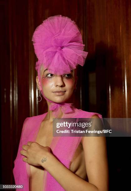 Model backstage ahead of the Pam Hogg Show during London Fashion Week September 2018 at Freemasons Hall on September 14, 2018 in London, England.