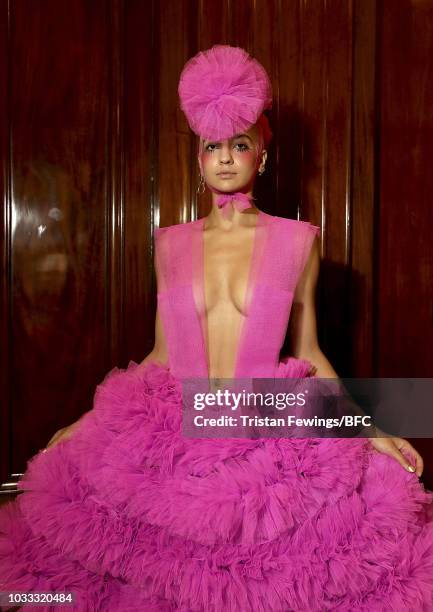 Model backstage ahead of the Pam Hogg Show during London Fashion Week September 2018 at Freemasons Hall on September 14, 2018 in London, England.