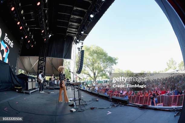 Alaina Moore and Patrick Riley of Tennis perform on the Paper Stage during day 1 of Grandoozy on September 14, 2018 in Denver, Colorado.