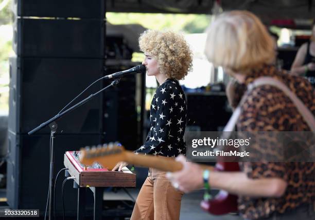 Alaina Moore and Patrick Riley of Tennis perform on the Paper Stage during day 1 of Grandoozy on September 14, 2018 in Denver, Colorado.