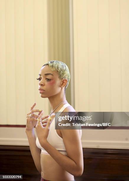 Model backstage ahead of the Pam Hogg Show during London Fashion Week September 2018 at the Freemasons Hall on September 14, 2018 in London, England.