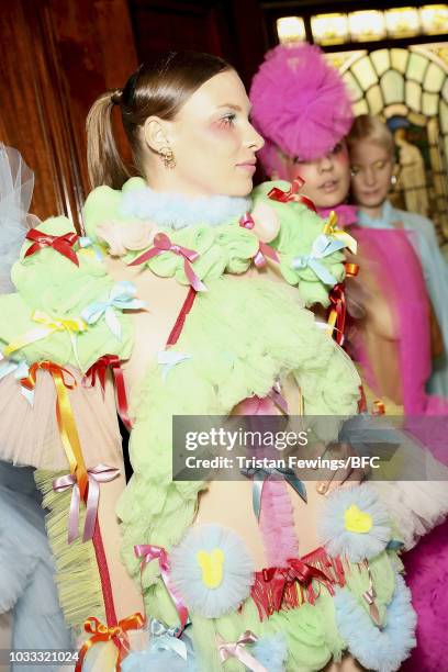 Models backstage ahead of the Pam Hogg Show during London Fashion Week September 2018 at the Freemasons Hall on September 14, 2018 in London, England.