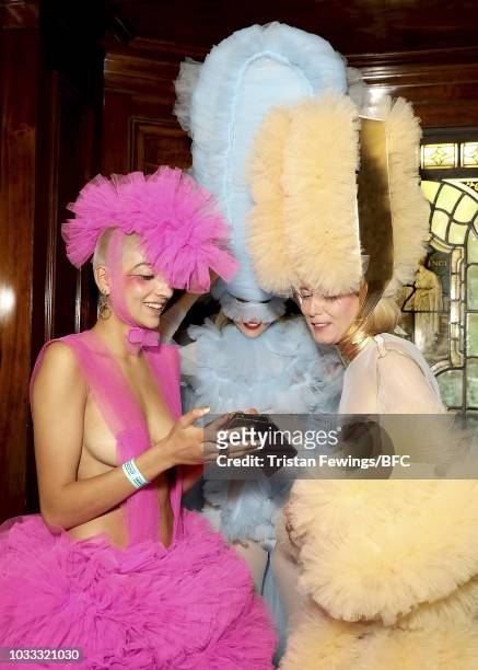 Models backstage ahead of the Pam Hogg Show during London Fashion Week September 2018 at the Freemasons Hall on September 14, 2018 in London, England.