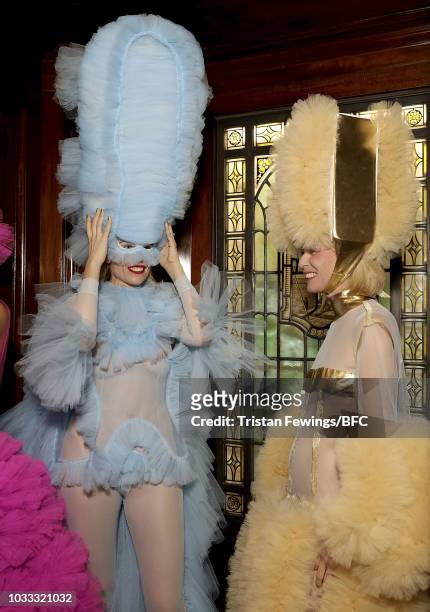 Models backstage ahead of the Pam Hogg Show during London Fashion Week September 2018 at the Freemasons Hall on September 14, 2018 in London, England.