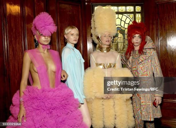 Models backstage ahead of the Pam Hogg Show during London Fashion Week September 2018 at the Freemasons Hall on September 14, 2018 in London, England.