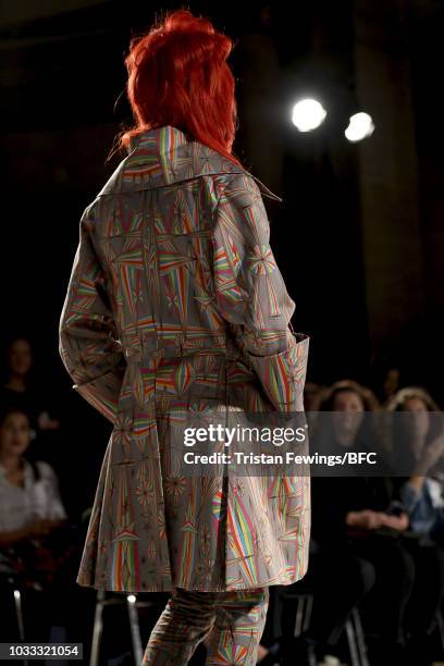 Model backstage ahead of the Pam Hogg Show during London Fashion Week September 2018 at Freemasons Hall on September 14, 2018 in London, England.