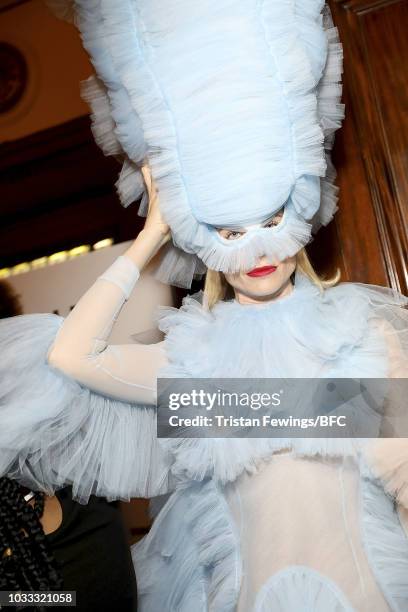 Model backstage ahead of the Pam Hogg Show during London Fashion Week September 2018 at Freemasons Hall on September 14, 2018 in London, England.