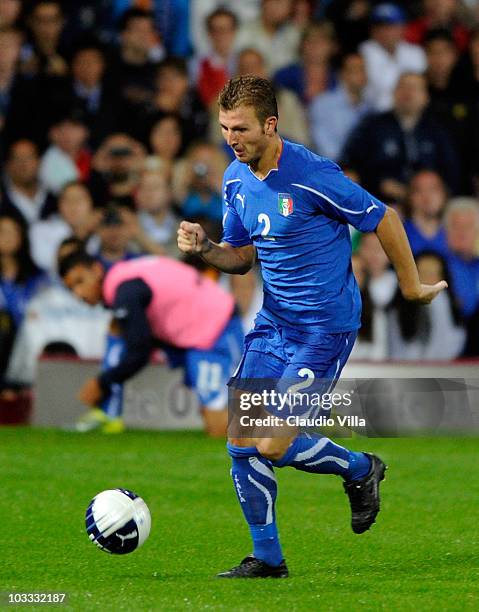 Marco Motta of Italy in action during the international friendly match between Italy and Ivory Coast at The Boleyn Ground on August 10, 2010 in...