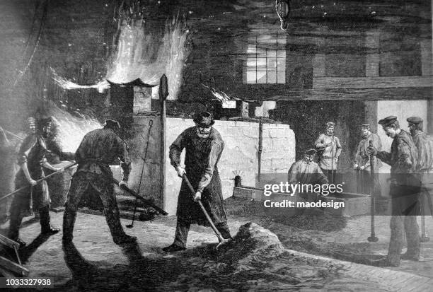 ilustraciones, imágenes clip art, dibujos animados e iconos de stock de los hombres trabajan en la acería - 1895 - obrero-siderúrgico