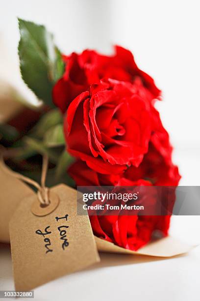 close-up di rose rosse con cartellino di regalo - i love you frase inglese foto e immagini stock