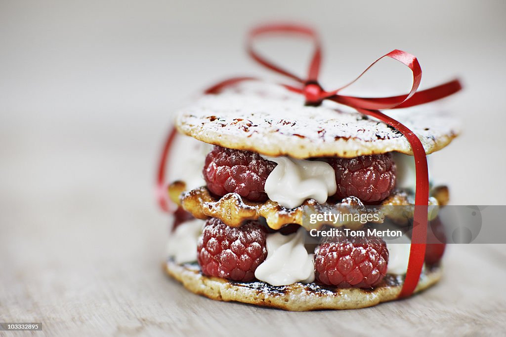 Gros plan de crème desserts de framboise et biscuit