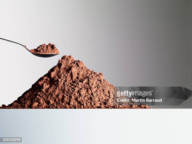 cuchara de pila de polvo de cacao - polvo de cacao fotografías e imágenes de stock