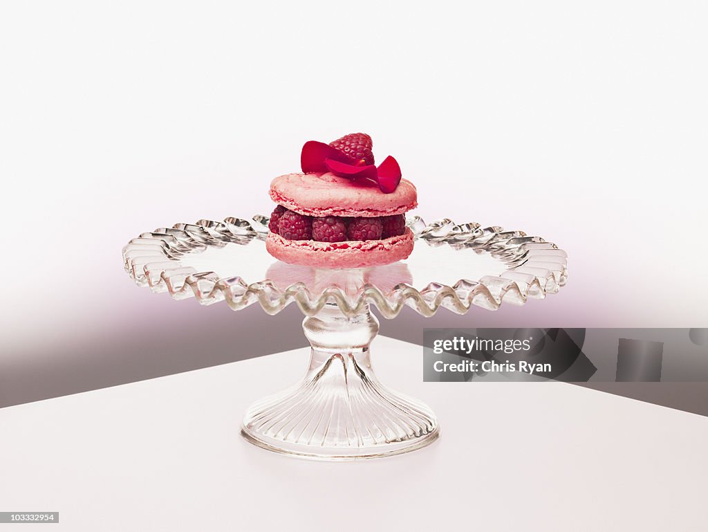 Raspberry macaroon tart dessert on cakestand