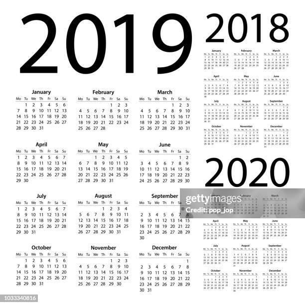 calendars 2019 2018 2020 simple - english european international version. days start from monday - july 2018 calendar stock illustrations