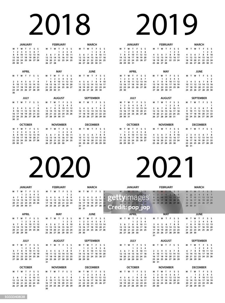 Kalenders 2018 2019 2020 2021 zwarte verticale - Engelse Europese internationale versie. Dagen starten vanaf maandag