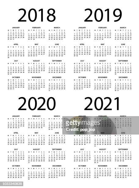 calendars 2018 2019 2020 2021 black vertical - english european international version. days start from monday - 2019 2020 stock illustrations