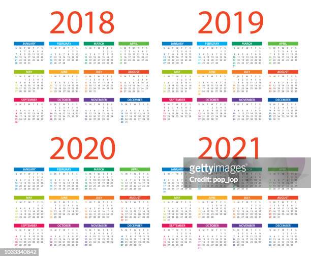 calendars 2018 2019 2020 2021 color - american international version. days start from sunday - 2019 2020 stock illustrations