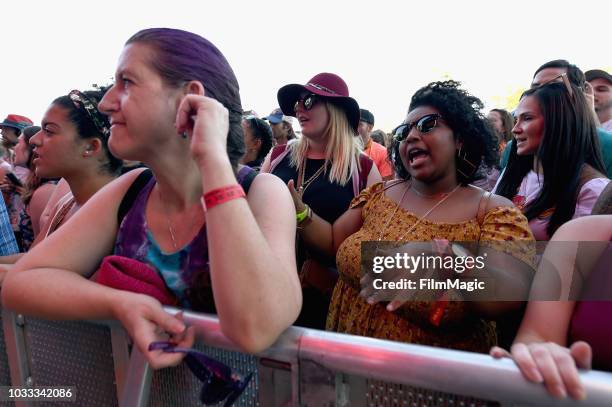 Festivalgoers attend as Bishop Briggs performs on the Scissor Stage during day 1 of Grandoozy on September 14, 2018 in Denver, Colorado.