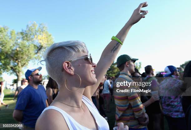 Festivalgoers attend as Bishop Briggs performs on the Scissor Stage during day 1 of Grandoozy on September 14, 2018 in Denver, Colorado.