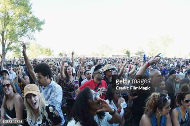 Festivalgoers attend a performance by Big K.R.I.T. On the Paper Stage during day 1 of Grandoozy on September 14, 2018 in Denver, Colorado.